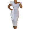 Women Short Ruffles Sleeve O-neck Ribbon Bodycon Midi Dress Street Africa OL Evening Sexy Party Dresses Vestido