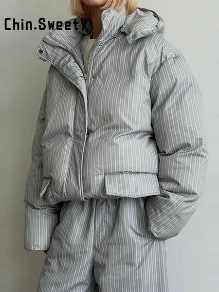 Street Stripe Cotton Padded Coat Pant Women Set Loose Full Sleeve Hooded Zipper Jacket Elastic Waist Pants Winter Lady Suit