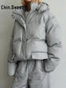 Street Stripe Cotton Padded Coat Pant Women Set Loose Full Sleeve Hooded Zipper Jacket Elastic Waist Pants Winter Lady Suit