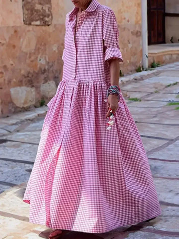 Fdey Spring Autumn Long Sleeve Loose Button Casual Maxi Dresses Woman Korean Plaid Pleated Lapel Shirts Dress
