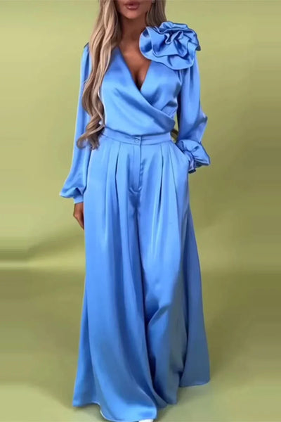 Women Plus Size Satin Two Piece Pant Set 3D Floral Sexy V-Neck Elegant Long Sleeve Top and Wide Leg Pant Matching Set