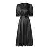 Women Silky Satin Party Midi Dress Elegant V-Neck Short Puff Sleeve Belted A-Line Dress Graceful Cocktail Vestidos Mujer