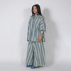Striped Long Pants Set Color Block Turn Down Collar Three Quarter Sleeve Shirt Wide Leg Bottoms Casual Chic Women Outfits