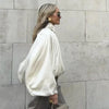 Women Pant Set Satin Lace Round Neck Puff Long Sleeve Button Front Drawstring Waist Blouse Cuffed Ruffle Hem Pants Elegant Suit