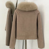 Winter Outerwear Women Cropped 100% Pure Wool Jacket Oversized Real Fox Fur Collar Zip Up Short Wool Coat Female