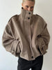 Vintage Loose Stand Collar Woolen Coat for Women Casual Solid Full Sleeve Warm Cropped Overcoat High Street Outwear
