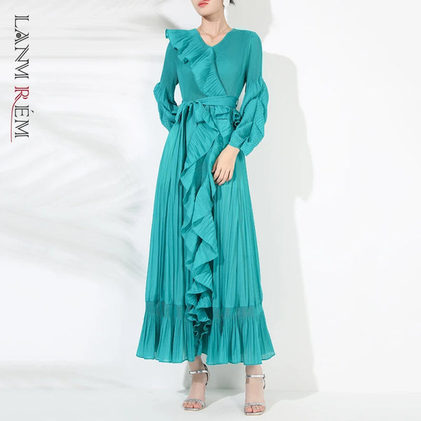 Chic Pleated Women's Dress Irregular Ruched Patchwork Design V Collar Niche Elastic Loose Lace Up Clothing 2DB1191