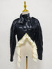 Edgy Faux Leather Cropped Jacket for Women Lapel Snap Button Irregular Pleated Ruffle Hem Long Sleeve Biker Coat