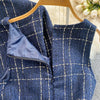 Autumn Dress Suit Women Korean Chic Blue Tweed Jacket + Vest Dress Elegant 2 Piece Set Long Sleeve Cropped Coat