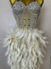 Stock Women Sexy Sparkly Rhinestone Mesh Feather Long Dress Elegant Evening Party Celebrate Birthday Performance Costume