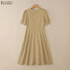 Elegant Chic Womens Tiered Midi Dresses Fabric Flower Detailed O-Neck Short Puff Sleeve Solid Color A-Line Dress Woman