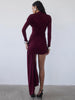 Irregular Draped Ruched Sexy Mini Dress Women Gown Elegant Turtleneck Long Sleeve High Waist Pleated Club Party Dress