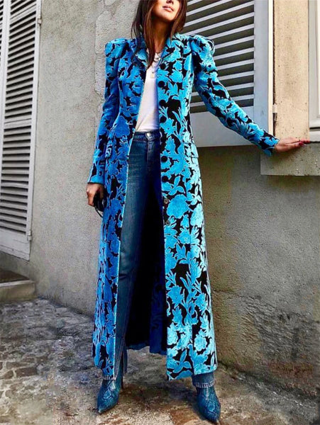 Long Velvet Trench Coat for Women Floral Lapel Collar Soft Fall Peaked Lapel Long British Style Elegant Overcoat