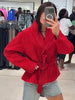 Women Suede Short Jacket Loose Red Stand Collar Long Sleeve Zipper Coat Autumn High Street Lady Outerwears