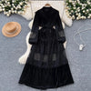 French Vintage Lace Embroidery Patchwork Velvet Dress Women Long Lantern Sleeve Pearl Buttons Lace Up Wedding Party Prom Vestido