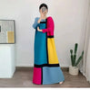 Round Neck Pleated Dress For Women Color Block Long Sleeves Loose A-line Dresses Printed Female Clothing Tide 2YA946