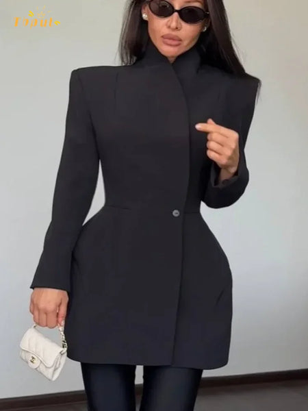 Women Waist Cinching Suit Jacket Elegant V-neck Full Sleeve Single Button Shoulder Pad Slim Coat Lady Commute Outerwear