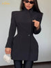 Women Waist Cinching Suit Jacket Elegant V-neck Full Sleeve Single Button Shoulder Pad Slim Coat Lady Commute Outerwear