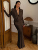 White Swinging Collar Long Dress For Women Ruched High Waist Long Sleeves Slim Elegant Evening Party Gowns