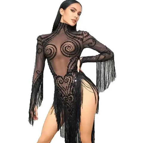 Sexy Black See Through Mesh Sequins Tassel Mini Dress Long Sleeves Sparkly Rhinestone Women Latin Dance Team Photoshoot Dress