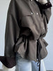 Drawstring Waist Windbreaker Jacket Women Contrast Collar Flap Pockets Long Sleeve Zip Up Coat Autumn Casual Loose Jackets
