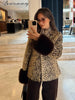 Women Leopard Print Stand Collar Waist Cinched Faux Fur Short Coat Fluffy Cuff Outerwear Winter Ladies Warm Furry Jacket