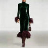 Temperament Simple Banquet Dress Vintage Turtleneck Long Sleeve Slim Feather Spliced Dress Elegant Lady High Waist Bodycon Dress