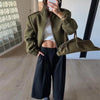 Double Zip Rib Collar Women Cropped Jacket Long Sleeve Side Pockets Loose Oversized Solid Autumn Coats Daily Chic Jackets