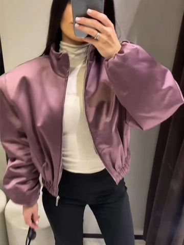Long Sleeve Bomber Jacket For Women Chic Zipper Stand Collar Coats Female Spring Casual Solid Bike Street Tops