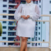 Women Loose Dresses Turn Down Collar with Beading Elegant Office Ladies Occasion Female Casual Long Tulle Sleeves Gowns