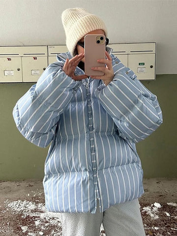 Women Striped Hooded Cotton Jacket Long Sleeve Stand Zipper Buttons Thickening Padded Jackets Winter Casual Coat