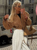 Brown Loose Short Suede Jacket Women Lapel Lantern Sleeves Zipper Outwears Lady Spring Daily Commute Street Coat