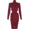 Elegant Hollow Dress Women Turtleneck Ruched Patchwork Full Sleeve Irregular Hem Skinny Stretch Party Club Bodycon