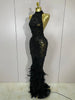 Sparkly Red Rhinestones Feather Sexy Mesh See Through Long Dress Women Birthday Evening Nightclub DJ Dancer Stage Costume