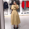 Lapel Cape Sleeve Lace Up Long Sleeve Women Elegant Epaulet Oversized Waist Cinching Pleated Shirt Dresses Chic Ladies Partywear