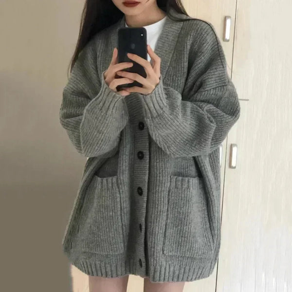 Korean College Style Single Breasted Cardigans Loose and Lazy V-neck Big Pocket Knitted Cardigan Women's Coat Sweater