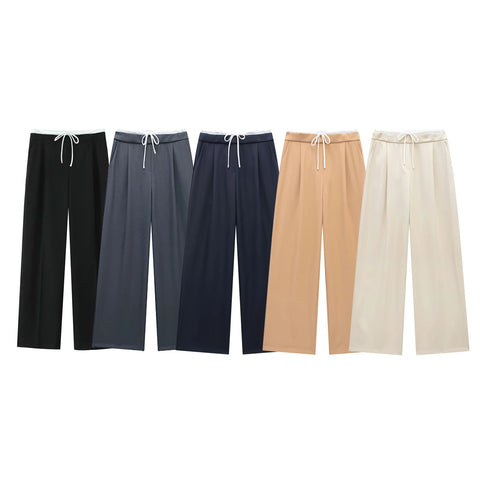 Women Solid Lace Up Side Zipper Straight Pants Vintage High Elastic Waist Female Chic Lady Trousers