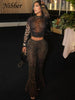 Sexy 2 Piece Set Women See Through Midnight Party Full Sleeve Crop Tops+Pants Matching Clubwear Skinny Autumn Outfits