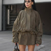 Shiny Stand Collar Short Jacket Women Puff Sleeve Drawstring Waist Cinching Pleated Jackets Autumn Causal Lady Outerwear