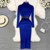 Elegant Turtleneck Long Sleeve Knit Soft Tight Pencil Dress with Belt Slim Warm Sweater Vestido Sexy Women Winter Robe