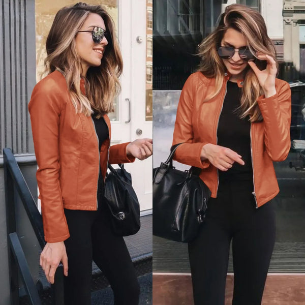 Autumn and Winter Women's Large Size Leather Jacket Solid Color Slim Street Elegant Versatile Top PU Suit Jacket