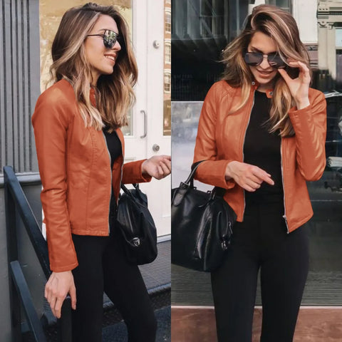 Autumn and Winter Women's Large Size Leather Jacket Solid Color Slim Street Elegant Versatile Top PU Suit Jacket
