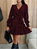 Women's Leopard Printed Dresses V-Neck Lace Up Bubble Long Sleeved Sexy Dress Elegant Dating Autumn Mini Dress