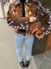 Women Deer Spot Print Faux Fur Cropped Jacket Stand Collar Dark Fur Cuff Button Up Short Coat Vintage Winter Street Outerwear