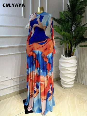 Women Tie Dye Print O-neck Long Sleeve Pleated Long Dress Sexy Mesh Evening Party Birthday Vacation Dresses Vestido