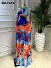 Women Tie Dye Print O-neck Long Sleeve Pleated Long Dress Sexy Mesh Evening Party Birthday Vacation Dresses Vestido