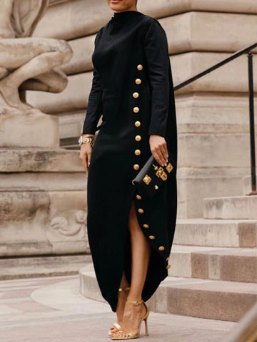 Women Autumn Shawl Collar Evening Maxi Dresses Buttoned Split-Side Long Sleeves Elegant Office Dress