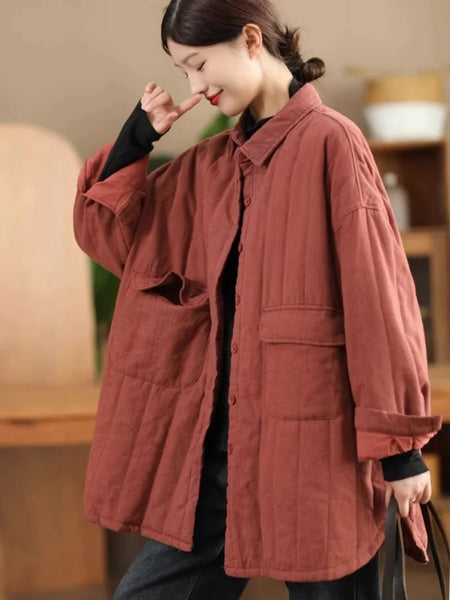 Retro Thickened Cotton Coat Women's Big Pocket Medium-Length Casual Large Size Quilted Winter Jacket W961