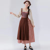 Ladies' Temperement Pastoral Style Fresh Patchwork Long Sleeve A-line Skirt Plaid And Flower Splicing High Waist U-neck Dress