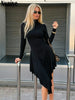 Casual Women Pullover Turtleneck Black Elegant Long Sleeve Midi Dress Ruffles Sexy Party Evening Night Club Dress